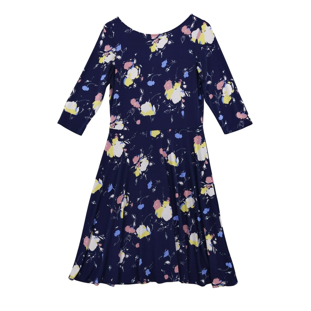 Leota Fit and Flare Dress‎ Womens Large Navy Blue Floral 3/4 Sleeve Jersey Knit